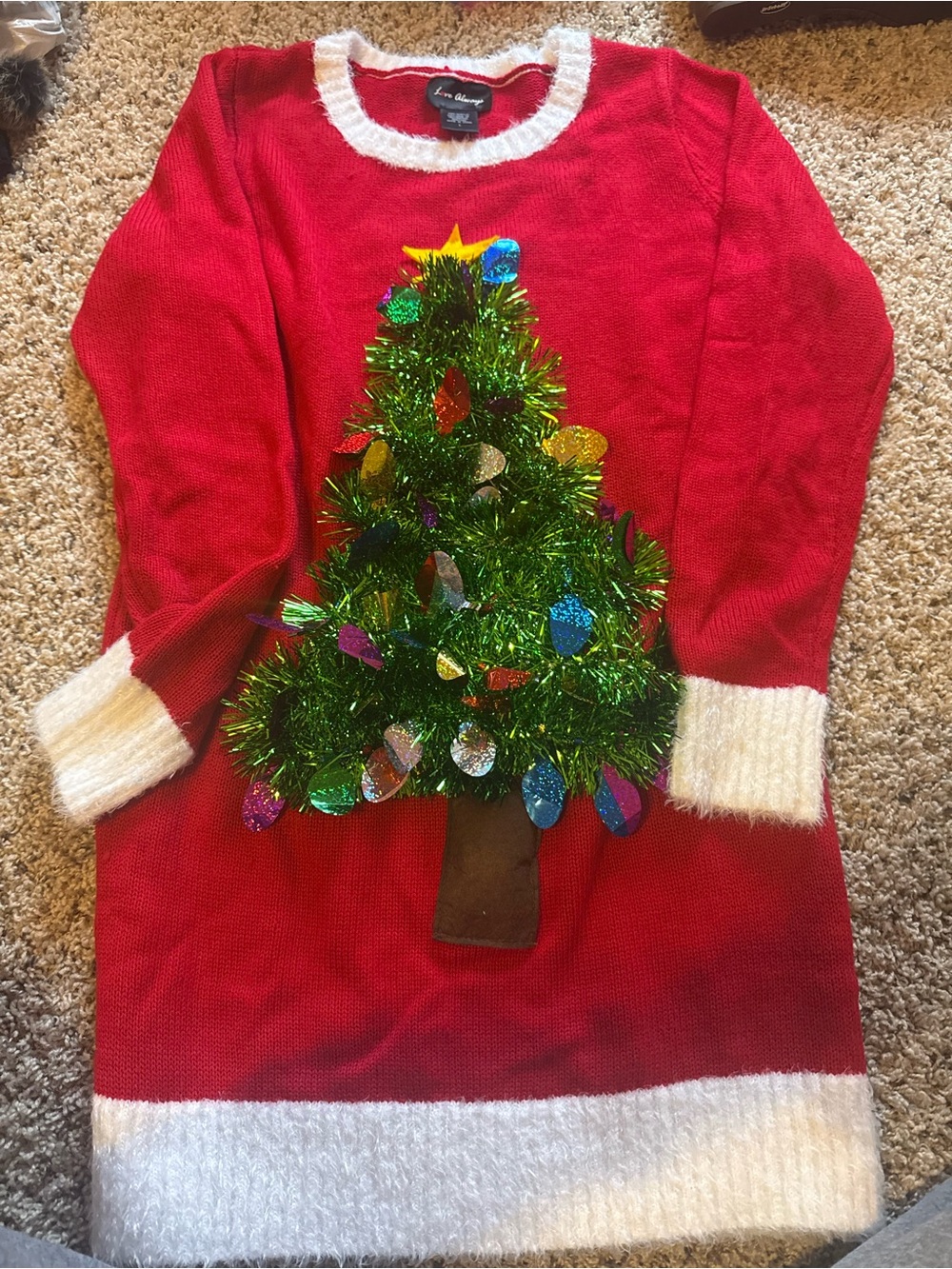 Red Long Sleeve Holiday Sweater Dress with White Trim and Tinsel Tree